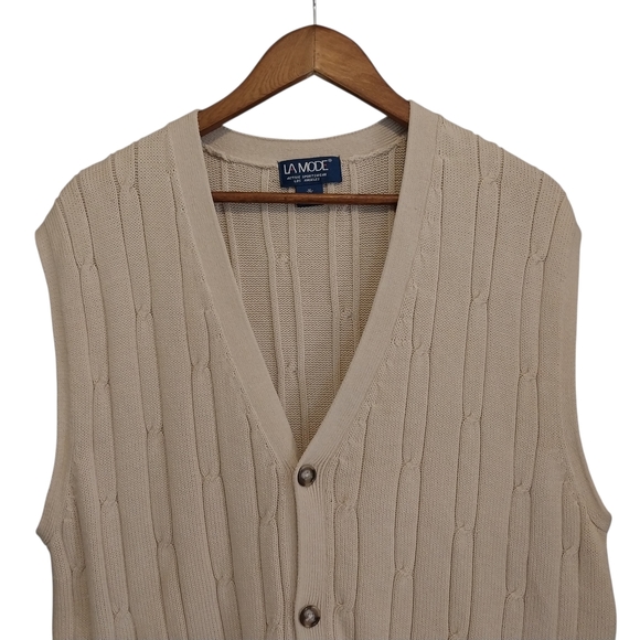 Vtg LA Mode Sweater Vest Button Up Fisherman Size XL Cream Knit Chandler 90s Y2K - Picture 3 of 8